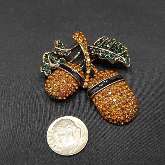 Vintage Acorn Rhinestone & Enamel Brooch, Black Green Rhinestones, 1990s, 2 In. - Picture 6 of 6